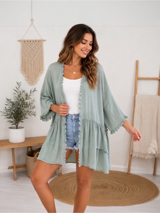 easel Tops - Easel Sage Green Ruffle Trim Open Front Kimono Cardigan Boho Medium Oversized